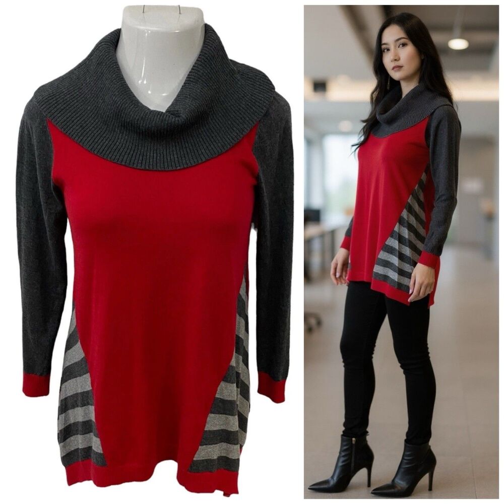 Style & Co Sweater Womens PS Sharkbite Color Block Cowl Neck Red Gray Cabin Work